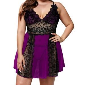 Womens Purple Sheer Lingerie Babydoll Nightie Lace Chemise G-string Panty Set 1X